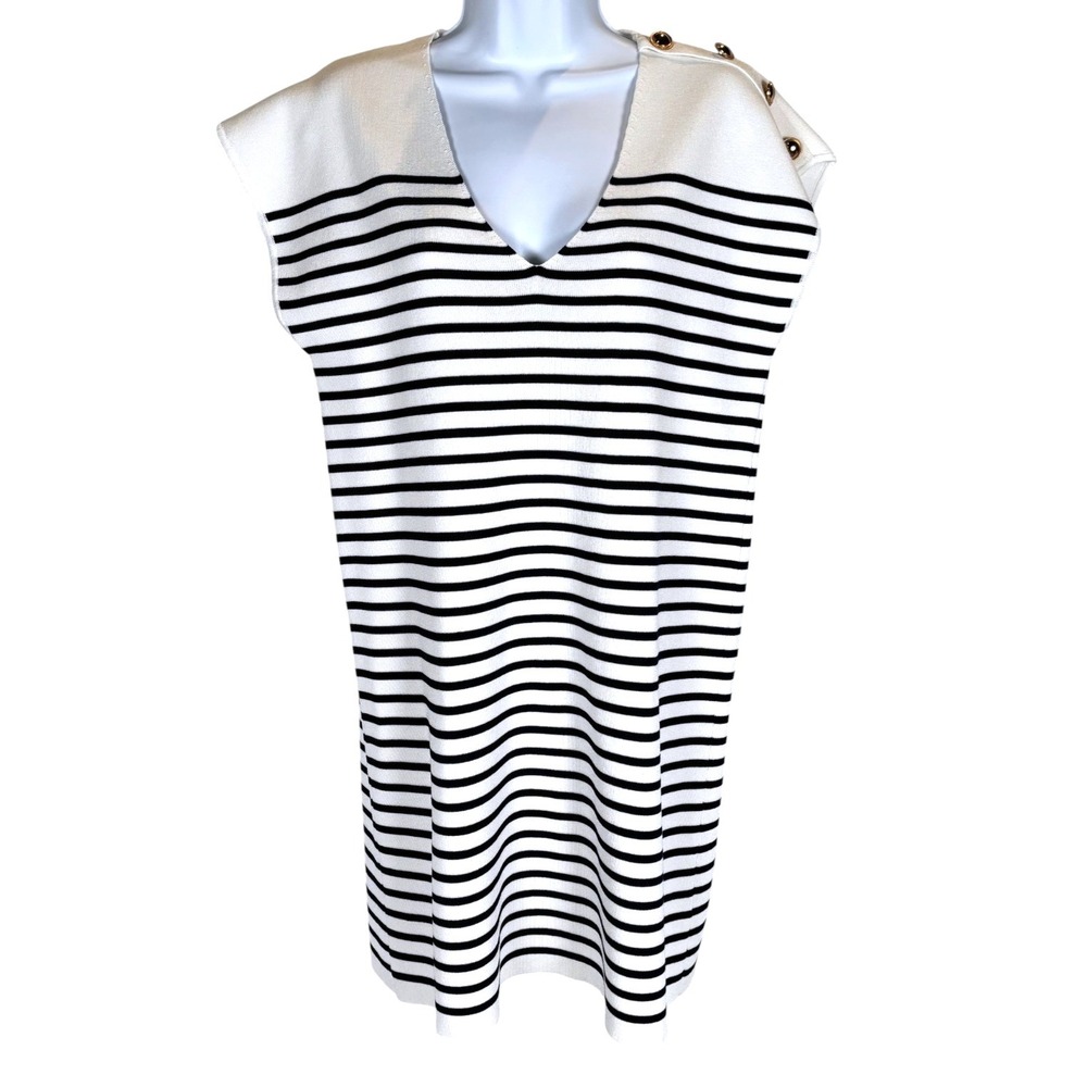 Fab'rik Black White Nautical Stripe Knit Shift Dress Sz L Breton Mod Chic Preppy